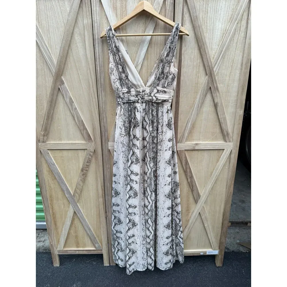 new H&M tan brown black snake print long chiffon deep v sleeveless maxi dress - Picture 9 of 10